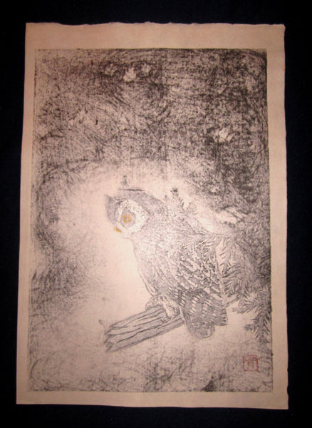 Orig Japanese woodblock print LIMITED# PENCIL SIGN Aoyama Owl