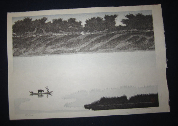 Orig Japanese woodblock print LIMITED# PENCIL SIGN Aoyama Passing River