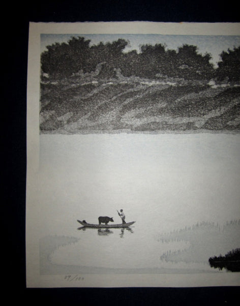 Orig Japanese woodblock print LIMITED# PENCIL SIGN Aoyama Passing River