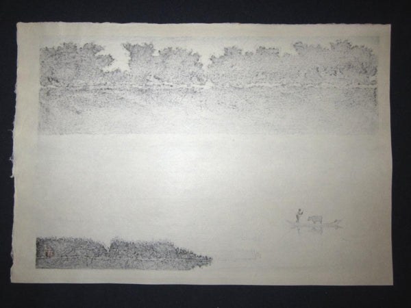 Orig Japanese woodblock print LIMITED# PENCIL SIGN Aoyama Passing River