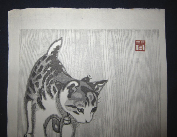 Orig Japanese woodblock print LIMITED# PENCIL SIGN Aoyama Little Cutie Cat Solving Puzzle