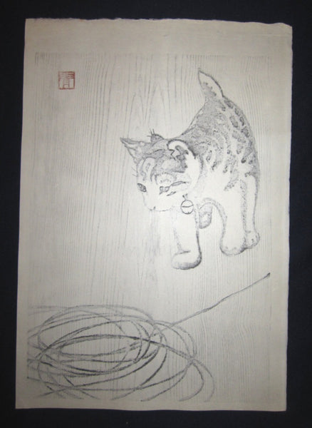 Orig Japanese woodblock print LIMITED# PENCIL SIGN Aoyama Little Cutie Cat Solving Puzzle