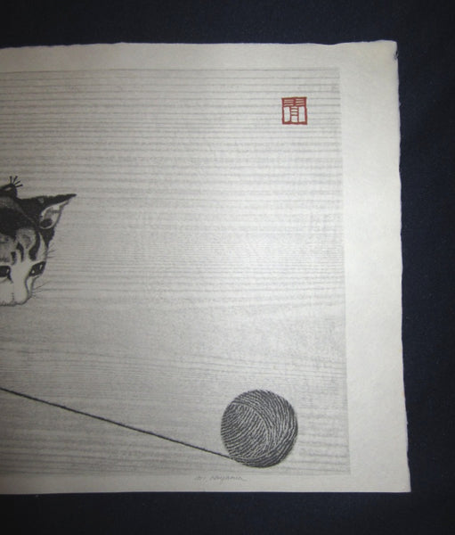 Orig Japanese woodblock print LIMITED# PENCIL SIGN Aoyama Little Cutie Cat Playing with Knitting Yarn