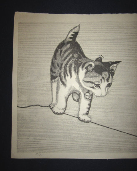 Orig Japanese woodblock print LIMITED# PENCIL SIGN Aoyama Little Cutie Cat Playing with Knitting Yarn