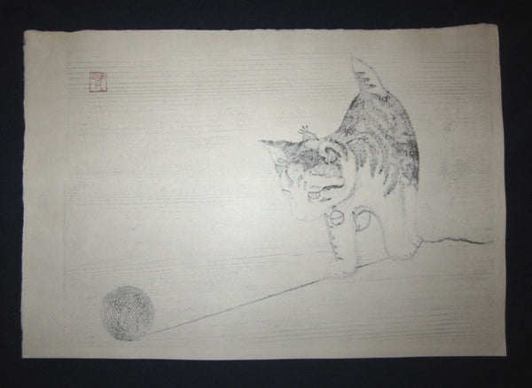 Orig Japanese woodblock print LIMITED# PENCIL SIGN Aoyama Little Cutie Cat Playing with Knitting Yarn