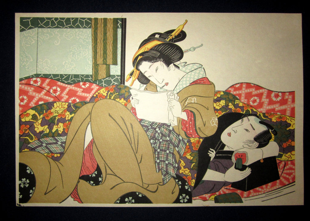 This is a very beautiful and special Japanese Erotic Shunga woodblock print “Bedroom Reading” made in 1950s IN EXCELLENT CONDITION. 