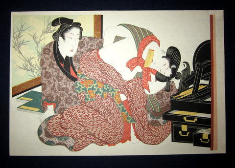 This is a very beautiful and special Japanese Erotic Shunga woodblock print “In Front of Bedroom Mirror” made in 1950s IN EXCELLENT CONDITION.  