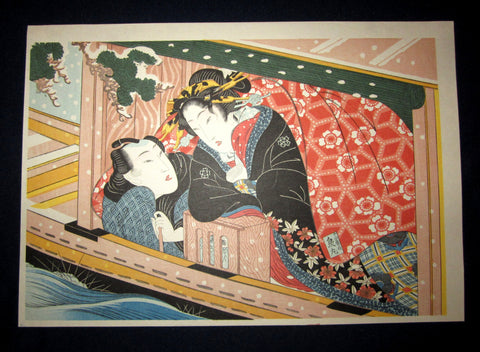 This is a very beautiful and special Japanese Erotic Shunga woodblock print “In the Boat” made in 1950s IN EXCELLENT CONDITION. 