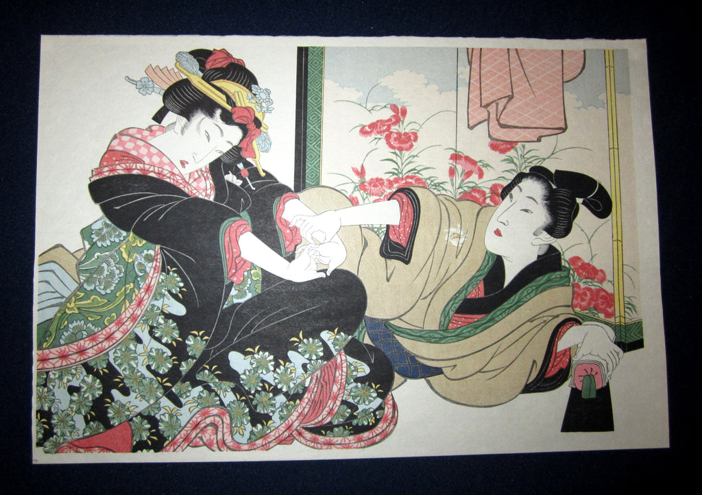 This is a very beautiful and special Japanese Erotic Shunga woodblock print “Tug War” made in 1950s IN EXCELLENT CONDITION.