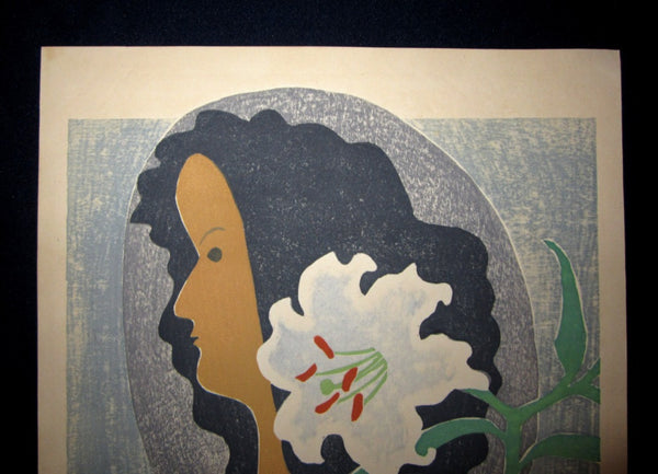 Orig Japanese Woodblock Print LIMITED NUMBER Pencil Sign Sasajima Kihei Woman and Flower