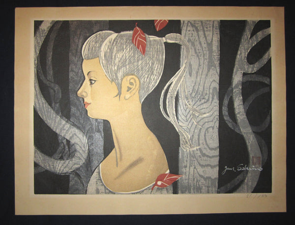 This is a HUGE very beautiful and special original Japanese woodblock print “Girl Among Trees” signed by the Famous Taisho/Showa Shin Hanga woodblock print artist Junichiro Sekino (1914 ~1988) made in 1980s with an artist  WATER MARK. 