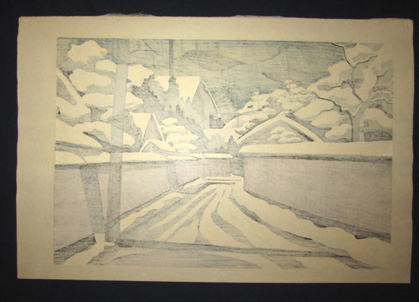 Orig Japanese Woodblock Print Limit# PENCIL Sign Masao Ido Winter Long street