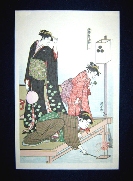 Japanese Woodblock Print Triptych Kiyonaga Torii Cool Summer Fun by River