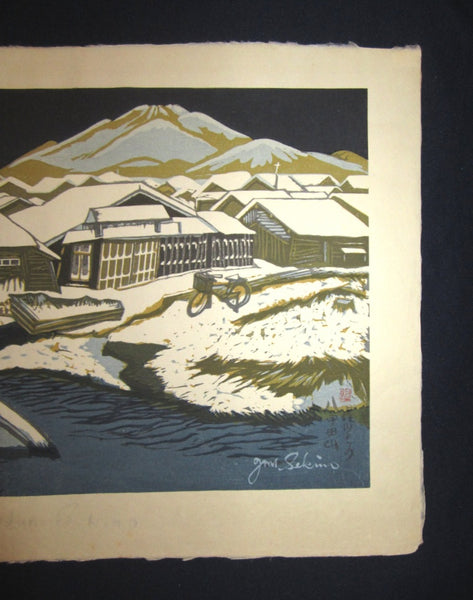 Huge Original Japanese Woodblock Print Junichiro Sekino Hakkoda Mountains Water Mark