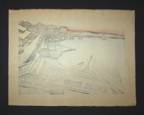 Huge Original Japanese Woodblock Print Junichiro Sekino Fisherman Harbor Water Mark
