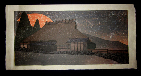 This is an HUGE very beautiful and LIMITED NUMBER (48/80) ORIGINAL Japanese Shin Hanga woodblock print “Harvest Moon“ PENCIL SIGNED by the famous Showa Shin Hanga woodblock master Joshua Rome (1953-) made in 1991.  
