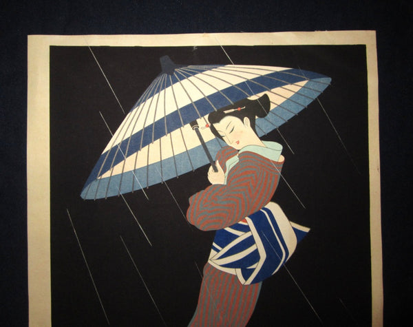 A Huge Original Japanese Woodblock Print Iku Nagai Geisha in Rain 1956 Kyoto Hanga Printmaker