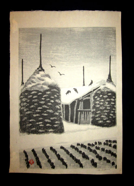 You are bidding an Extra LARGE, very beautiful and rare LIMITED NUMBER (EA) ORIGINAL Japanese woodblock print masterpiece “Snow Farm House” PENCIL SIGNED by the famous Showa Sosaku Hanga woodblock print master Aoyama Masaharu (Seiji) (1893-1969), made in 1960s IN EXCELLENT CONDITION. 
