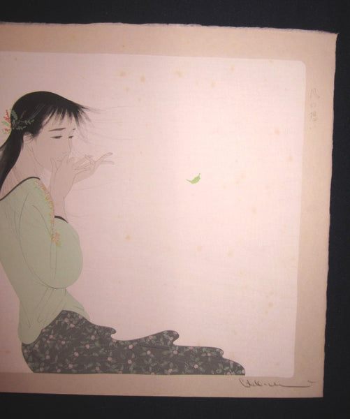 LARGE Orig Japanese Woodblock Print Nakajima Kiyoshi PENCIL contemplation of Wind Connection Bijin