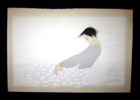 This is an EXTRA LARGE very beautiful and rare original Japanese Shin Hanga woodblock print masterpiece “Dance with Butterfly” from the series “Wind Connection” from the famous Showa Shin Hanga woodblock master Nakajima Kiyoshi (1943-) published by KYOTO HANGA PRINTMAKER in1980s IN EXCELLENT CONDITION. 