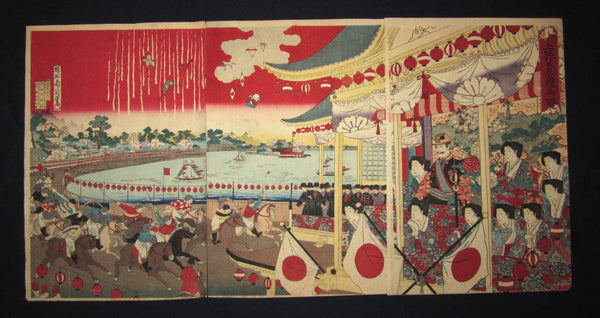 This is a very beautiful, colorful and rare original Japanese woodblock print triptych “Horse Race” signed by the famous Meiji woodblock print master Chikanobu (1838-1912), made in Meiji 18, which is 1885 IN EXCELLENT CONDITION.