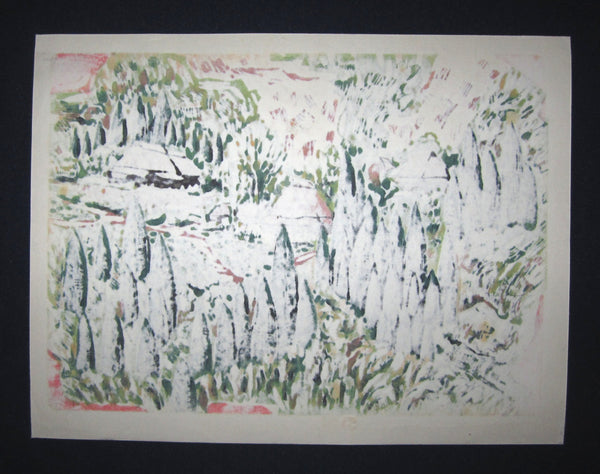 Original Japanese Woodblock Print Shin Hanga Limited# Pencil Sign Hitoshi Ueda Country Village 1980s