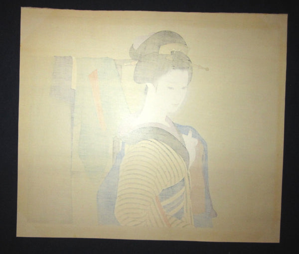LARGE Orig Japanese Woodblock Print Shimura Tatsumi PENCIL Sign LIMITED#  Maiko Drying Clothes
