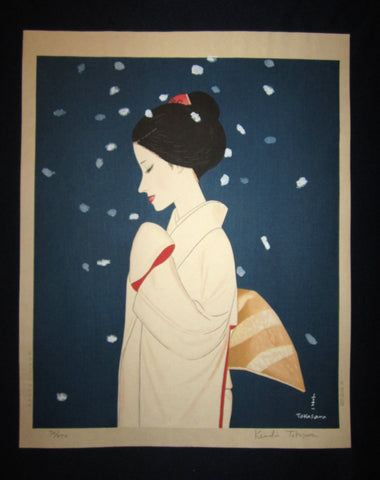 This is a HUGE, LIMITED-NUMBER (72/470), very beautiful and special ORIGINAL Japanese woodblock print “Snow Bijin” PENCIL SIGNED BY the famous Shin-Hanga woodblock print master Takasawa Keiichi (1914-1984) published by the famous printmaker YuYuDo made in 1970s IN EXCELLENT CONDITION. 