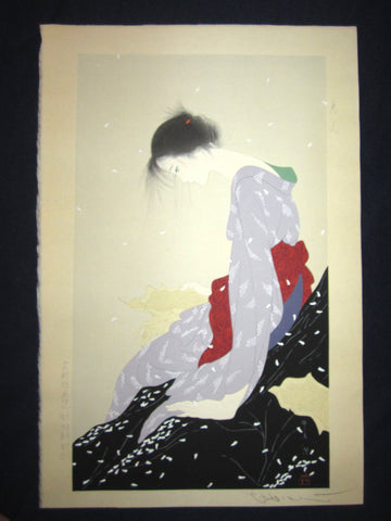 This is an EXTRA LARGE very beautiful and rare original Japanese Shin Hanga woodblock print masterpiece “Love Letter” PENCIL SIGNED by the famous Showa Shin Hanga woodblock print master Nakajima Kiyoshi (1943-) published by KYOTO HANGA PRINTMAKER in1980s IN EXCELLENT CONDITION.  