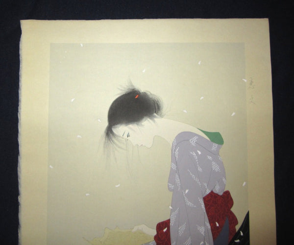 LARGE Orig Japanese Woodblock Print PENCIL Love Letter Bijin