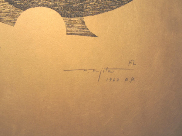Huge Orig Japanese Woodblock Print Fujita Fumio Pencil-Sign Limit# Wind 1967