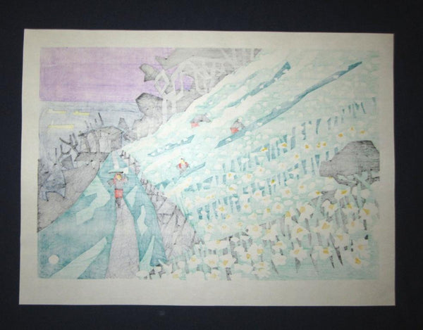 Huge Orig Japanese Woodblock Print PENCIL Limit# Kawanishi Yuzaburo Awaji Island Narcissus County