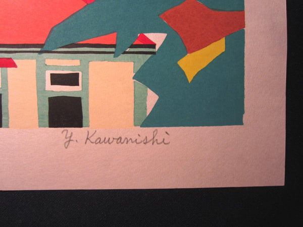 Huge Orig Japanese Woodblock Print PENCIL Limit# Kawanishi Yuzaburo Cupola Rooster Weathervane Kobe Harbor