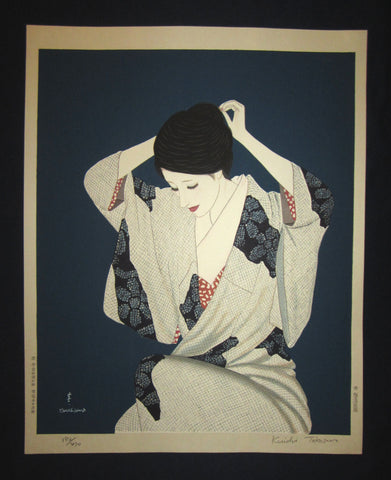 This is a HUGE, LIMITED-NUMBER (182/470), very beautiful and special ORIGINAL Japanese woodblock print “Woman Arranging Hair” PENCIL SIGNED BY the famous Shin-Hanga woodblock print master Takasawa Keiichi (1914-1984) published by the famous printmaker YuYuDo made in 1970s IN EXCELLENT CONDITION. 