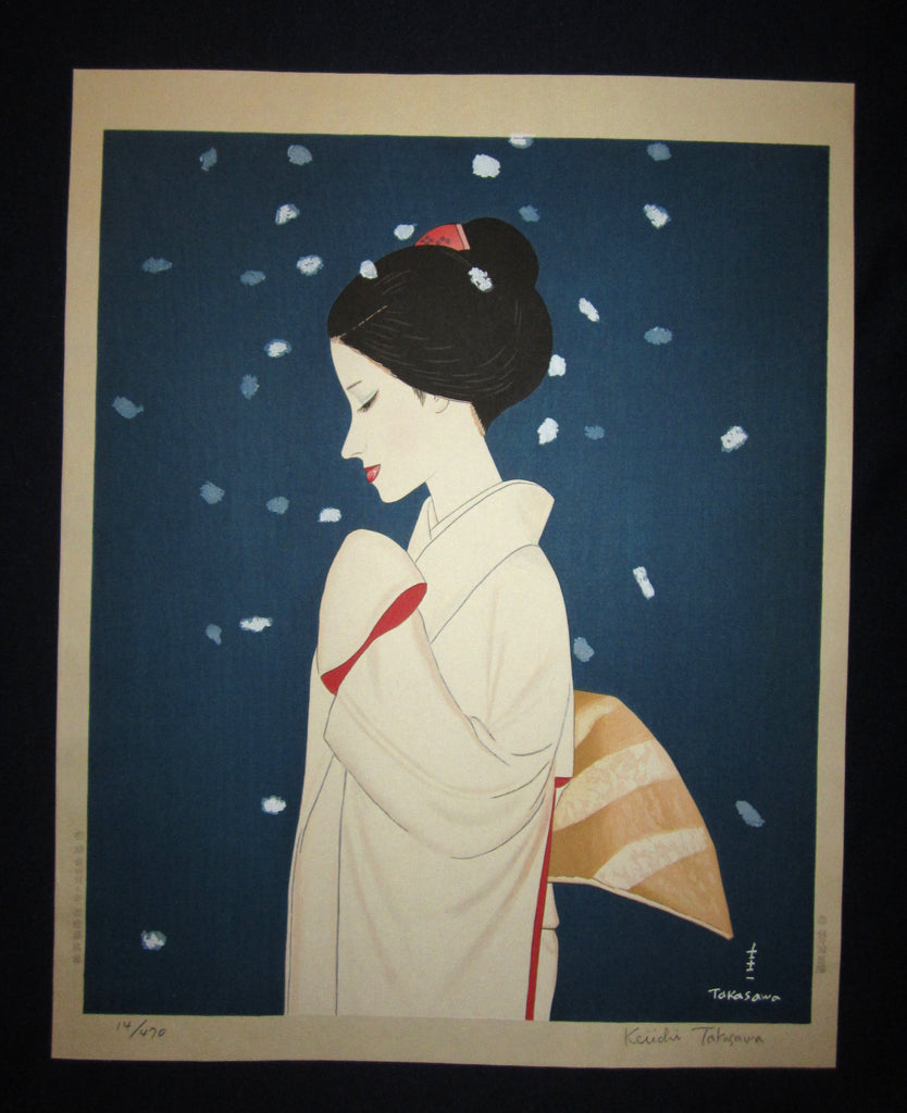 This is a HUGE, LIMITED-NUMBER (14/470), very beautiful and special ORIGINAL Japanese woodblock print “Snow Bijin” PENCIL SIGNED BY the famous Shin-Hanga woodblock print master Takasawa Keiichi (1914-1984) published by the famous printmaker YuYuDo made in 1970s IN EXCELLENT CONDITION. 