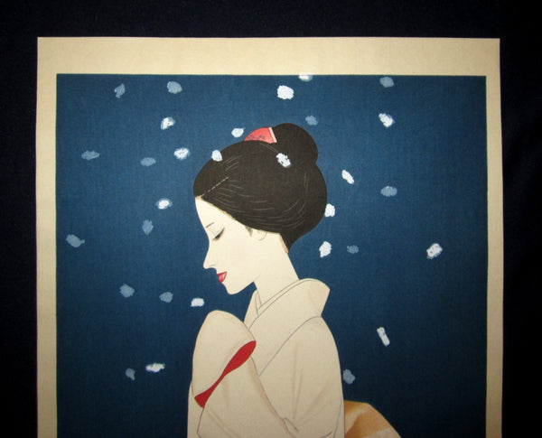 Huge Orig Japanese Woodblock Print Limit# Pencil Sign Takasawa Keiichi Snow Bijin