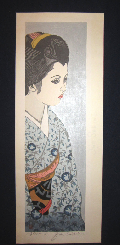 This is a HUGE very beautiful, special and LIMITED-NUMBER (123/175S) original Japanese woodblock print “Maiko, Blue Kimono” from the rare series “Twelve Beautiful Maikos” PENCIL SIGNED by the Famous Taisho/Showa Shin Hanga woodblock print master Junichiro Sekino (1914 ~1988) made in Showa Era IN EXCELLENT CONDITION.