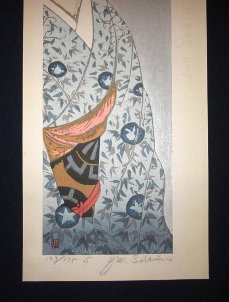 Huge Original Japanese Woodblock Print LIMIT# PENCIL Sign Junichiro Sekino Maiko Blue Kimono