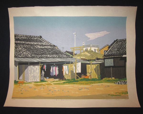 This is a HUGE very beautiful LIMITED NUMBER (10/130) ORIGINAL Japanese Shin Hanga woodblock print “Fisherman Village” PENCIL SIGNED by the famous Showa Shin Hanga woodblock master Kitaoka Fumio (1918-) bearing TWO original artist’s Water Marks made in 1994 IN EXCELLENT CONDITION. 