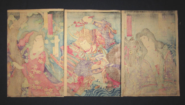 Orig Japanese Woodblock Print Triptych Chikashige 1st EDITION Kabuki Samurai Legend Love Story
