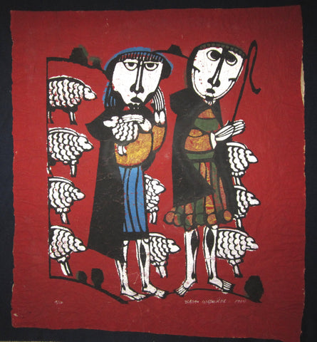 This is a HUGE LIMITED-NUMBER (41/50) very special original Japanese woodblock print “Shepherd” signed by the famous Showa modern woodblock print master Sadao Watanabe (1913-1996) made in 1964.