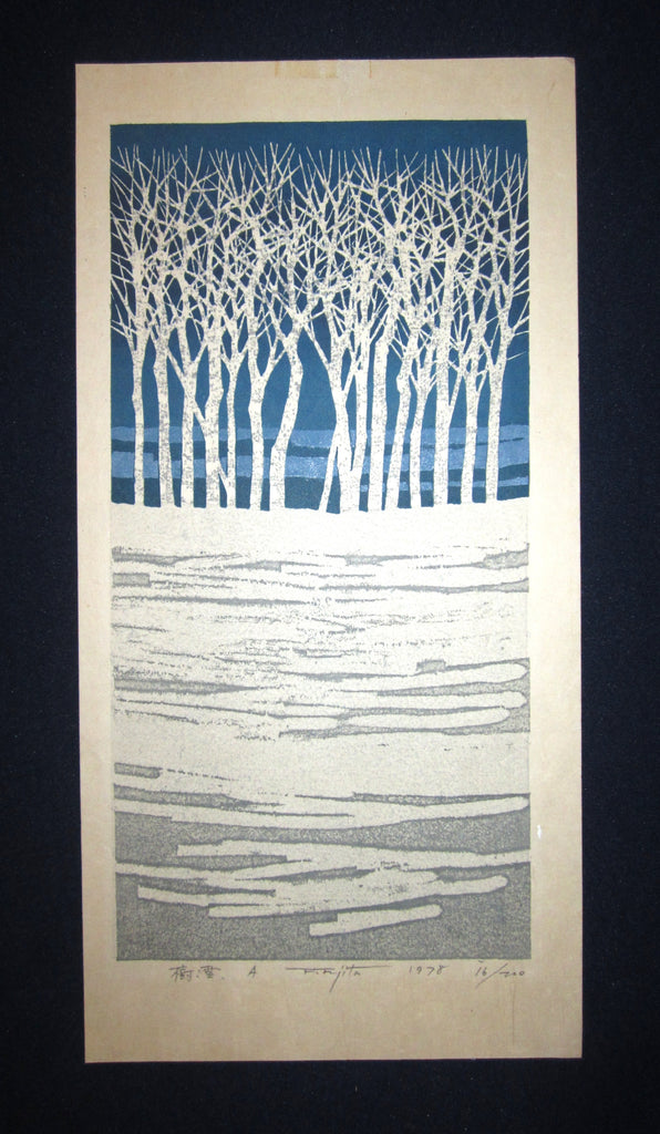 This is an EXTRA LARGE very beautiful, special and LIMITED-NUMBER (16/200) original Japanese woodblock print “Tree Snow A” PENCIL SIGNED by the famous Showa Shin Hanga woodblock print master Fujita Fumio (1933-) made in 1978 IN EXCELLENT CONDITION. 