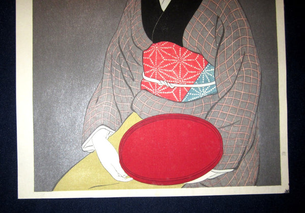 Japanese Woodblock Print Hashiguchi Goyo Woman Holding Red Dish