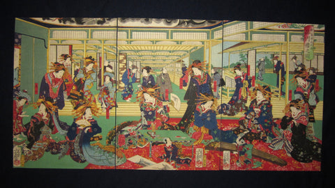 This is a very beautiful and colorful ORIGINAL Japanese woodblock print triptych “Geisha Brothel House” signed by the famous Meiji woodblock print master Yoshiiku (1833-1904) made in Meiji Era IN EXCELLENT CONDITION. 
