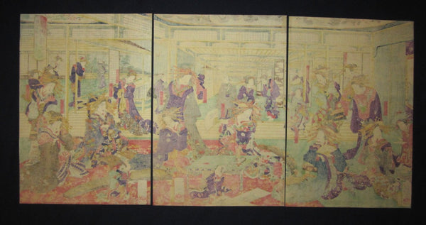 Orig Japanese Woodblock Print Triptych Yoshiiku Geisha Brothel House