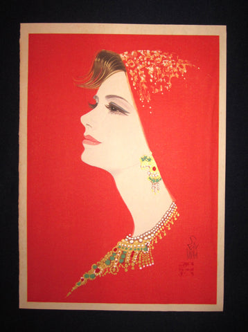 This is a very beautiful and unique original Japanese woodblock print masterpiece “Blonde in Red” signed by the famous Showa Shin-Hanga woodblock print master Iwata Sentaro (1901-1974) made in 1970s IN EXCELLENT CONDITION.