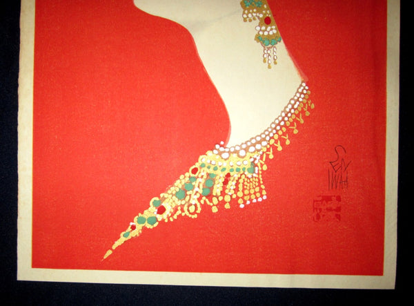Orig Japanese Woodblock Print Iwata Sentaro Bijin Blonde in Red