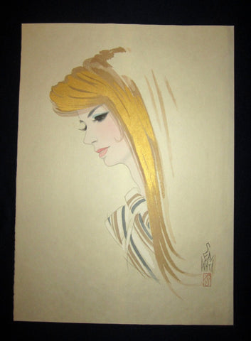 This is a very beautiful and unique original Japanese woodblock print masterpiece “Blonde Beauty” signed by the famous Showa Shin-Hanga woodblock print master Iwata Sentaro (1901-1974) made in 1970s IN EXCELLENT CONDITION. 