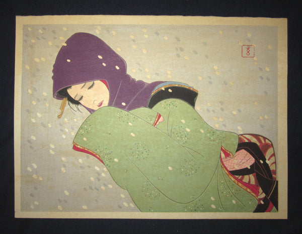 This is a very beautiful and unique original Japanese woodblock print masterpiece “Heavy Snow” signed by the famous Showa Shin-Hanga woodblock print master Iwata Sentaro (1901-1974) made in 1970s. 