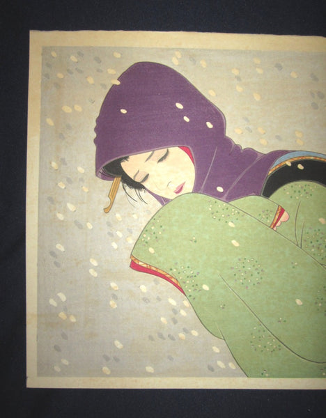Orig Japanese Woodblock Print Iwata Sentaro Bijin Heavy Snow